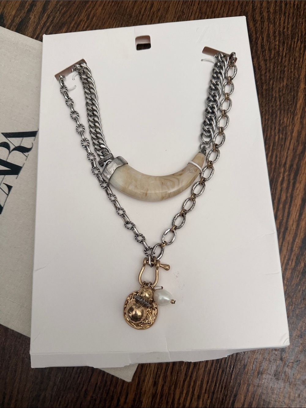 Zara Two-Tone Layered Necklace with Ivory Horn and Gold Charm
